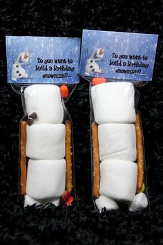 two packaged marshmallows in the shape of snowmen