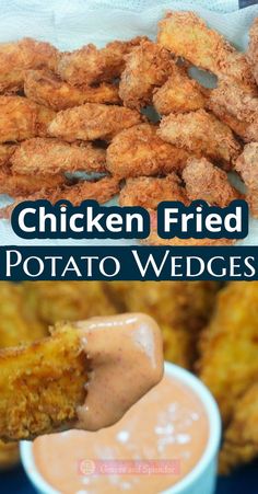 chicken fried potato wedges with dipping sauce on top and in the background, there are two pictures