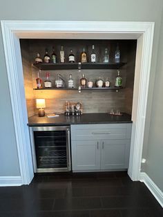 We took a regular closet in our office and converted it to a built in home bar Home Bar Closet Ideas, Home Closet Bar Ideas, Built In Bar Closet, Small Basement Mini Bar, Wet Bar Closet Ideas, Converting Closet To Coffee Bar, Closet Into Dry Bar, Home Bar Niche, Diy Bar Closet