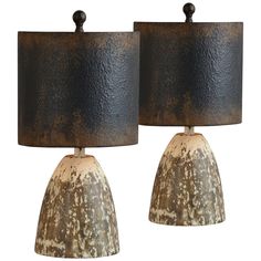 two brown and white lamps with black shades