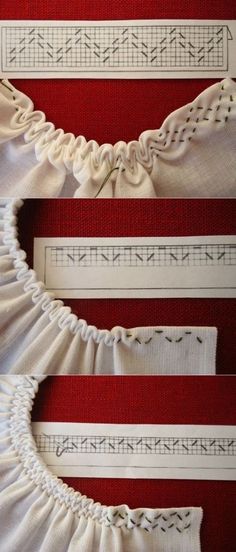 three pieces of white fabric with red and white trimmings on top of each other