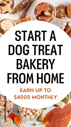 an advertisement for the start a dog treat bakery from home program, with bowls of food