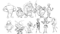 some character sketches from the animated movie, ratty man and other characters in various poses