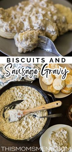 biscuits and sausage gravy in a skillet with spoons on the side