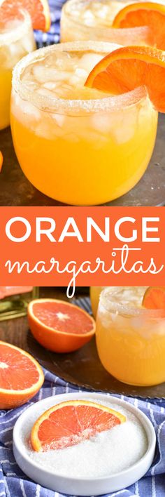 orange margaritas are garnished with sugar and served in glasses