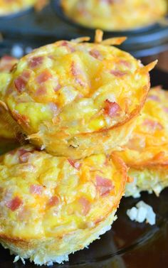 there are three muffins stacked on top of each other with cheese and ham