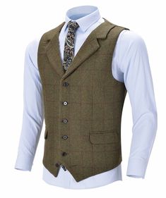 30% Wool / 60% Polyester / 10% Rayon. Plaid. Notch Lapel. Single Breasted 5 Buttons. Back metal elastic adjustment buckle. Full lined. Machine wash / Hand wash. Color or size customization please note in the order Vest Groomsmen, Green Waistcoat, Business Vest, Suit Green, Formal Vest, Rugged Men, Slim Fit Suit, Wedding Formal, Suit Vest