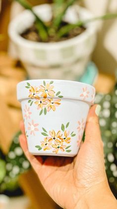 a hand holding a small flower pot in front of a succulent planter