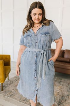 Introducing the Hazel Blues® | Wait For It Denim Shirtdress! This stylish chambray dress has it all, from a button front and self-tie belt for a timeless yet flattering look, to 100% Tencel for a comfy and breathable fit. Plus, it's true to size and available in lots of colors - what are you waiting for? S: Chest 40" Hip 44" Length 42"M: Chest 43" Hip 46" Length 42"L: Chest 45" Hip 48" Length 42"1XL: Chest 51" Hip 54" Length 45"2XL: Chest 52" Hip 56" Length 45"3XL: Chest 54" Hip 58" Length 45" M Light Wash Chambray Button-up Denim Dress, Button-up Chambray Dress In Medium Wash, Chambray Button-up Denim Dress For Workwear, Medium Wash Belted Button-up Dress, Belted Button-up Denim Dress, Chambray Denim Dress For Daywear, Button Down Denim Dress, Wait For It, Chambray Dress