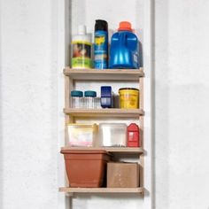 the shelves are filled with cleaning products and containers