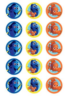 finding nemo cupcake toppers are shown in blue, orange and yellow colors