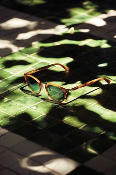 a pair of sunglasses sitting on top of a green tile floor next to a tree