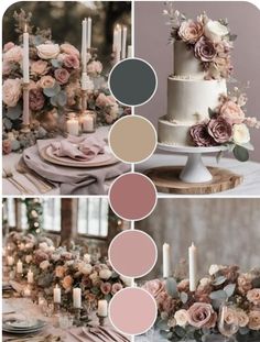 a table with flowers and candles on it, in shades of grey, pink, beige and white