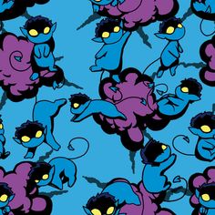 an image of blue and purple cats with yellow eyes on a blue background that looks like cartoon characters