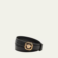 Versace belt in smooth calfskin leather Gold-tone Medusa buckle  Approx. 1.4"W Spot clean Made in Italy Classic Leather Belt With Gold-tone Logo Plaque, Classic Business Belt With Gold-tone Logo Plaque, Classic Belt With Gold-tone Logo Plaque For Business, Designer Formal Belt With Gold-tone Logo Plaque, Formal Black Belt Buckles With Gold-tone Logo, Luxury Belt With Rectangular Buckle For Business, Luxury Formal Belts And Suspenders With Removable Belt, Luxury Removable Belt For Business, Leather Belt With Gold-tone Logo For Business