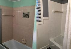 before and after photos of a bathroom remodel with tub, shower curtain, and sink