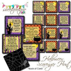 halloween scavenger cards with spider webs and witch sayings on the front