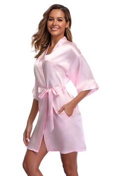 PRICES MAY VARY. Material: This sexy solid color satin robes for women made of silky-soft, lightweight and smooth satin fabric, comfortable flowy, pretty and flattering, you’ll find it's gentle to the touch and perfect to wear year-round. Features: The short kimono robes come with convenient side pockets, inner belt, and outer belt which make it more practical to use. Short style Lightweight Robe with above-knee length, V-Neck, 3/4-length sleeves, it is great as bathrobe, getting ready robe, lou Bridal Party Dressing Gowns, Short Kimono Robe, Summer Loungewear, Silk Robes, Silky Robe, Soft Robes, Bridal Party Robes, Satin Kimono, Short Kimono