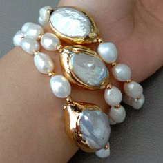 8'' 3 Rows Cultured White Baroque Pearl White Keshi Pearl Bracelet | eBay Keshi Pearl Bracelet, Air Tawar, Fashion Diva, Freshwater Pearl Bracelet, Elegant Bracelet, Keshi Pearls, Pearl Types, Strand Bracelet, Classic Wedding