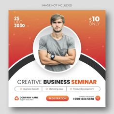 a flyer for a business seminar with a man in grey shirt and black watch on his wrist