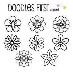 the doodles first clipart flower set is shown in black and white, with different flowers