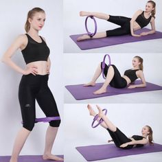 the woman is doing exercises on her yoga mat while holding a purple exercise ring around her waist