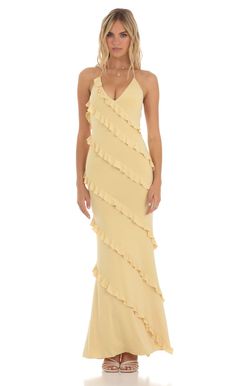 Ruffle Halter Maxi Dress in Yellow | LUCY IN THE SKY Yellow Halter Dress, Yellow Formal Dress, Yellow Long Dress, School Formal, Yellow Bridesmaid Dresses, Yellow Maxi Dress, Yellow Dresses, Prom Dresses Yellow, Yellow Bridesmaids