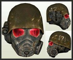 three different views of a gas mask with red eyes and mouthpieces, including the helmet