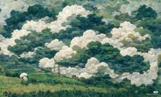 an oil painting of sheep grazing in a field with trees and clouds behind them on a cloudy day