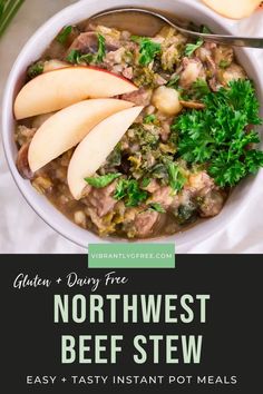 an image of a bowl of beef stew with apples and parsley on the side