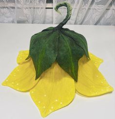 a green and yellow flower sitting on top of a white table next to a curtain