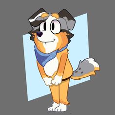 an orange and white dog with a blue scarf around it's neck standing in front of a mirror