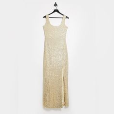 Never Worn, Nwt!! Beautiful Gold Sequin Dress With Split On The Left Leg. Perfect For A Wedding Or Nye! Square Neck Line Size: Us 2 / Uk 6 Bust: 33.8” Waist: 25.4” Hips: 36.6” I Bought It Off Asos And It Fits So Well! Sheath Wedding Evening Dress With Sequins, Gold Fitted Maxi Dress For Bridesmaids, Sleeveless Champagne Maxi Dress For Wedding, Fitted Sequin Maxi Dress For Bridesmaids, Fitted Holiday Maxi Dress For Bridesmaids, Fitted Maxi Dress For Bridesmaid At Holiday, Champagne Sleeveless Fitted Mother Of The Bride Dress, Embellished Fitted Maxi Dress For Bridesmaid, Pink Maternity Maxi Dress