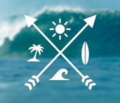 an image of a surfboard and arrows on the water with waves in the background