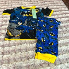 Batman 2 Pc Pajamas Size 6/7 Playful Black Sleepwear For Loungewear, Black Short Sleeve Sleepover Set, Black Sleepwear With Character Print For Loungewear, Playful Black Bedtime Sets, Playful Black Sets With Character Print, Batman Pajamas, Batman Blue, Batman 2, Batman Kids