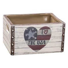 a wooden box with the words i love the usa painted on it and an american flag heart