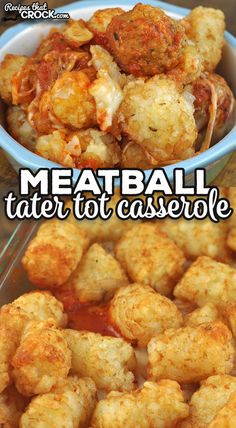 meatball tater tot casserole in a blue bowl with text overlay