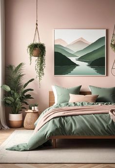 a bedroom with pink walls, green bedding and potted plants on the wall