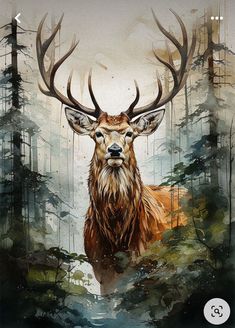 a painting of a deer in the woods