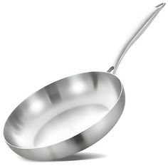 an empty frying pan on a white background with a spoon in the foreground