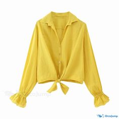 Orcajump - Yellow Casual Attire: Womens Long-Sleeve Shirt with Turn-Down Collar and Matching A-Line Skirt Knotted Shirt, Womens Long Sleeve Shirts, Casual Attire, A Line Skirt, Sleeve Type, Shirt Sleeves, A Line Skirts, Women Long Sleeve, Sleeve Shirt