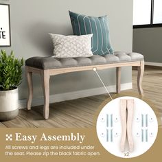 an image of a bench with pillows on it and the text easy assembly all screws and legs are included under the seat, please zip the black fabric open