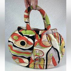 A Vintage 1960's Emilio Pucci For Jana Silk Shantung Bag Vintage 1960’s Emilio Pucci Bags By Jana Silk Purse Classic Multi-Color Pattern. Please See Signs Of Wear In Pictures, Staining. Vintage Orange Shoulder Bag For Shopping, Multicolor Shoulder Bag With Rolled Handles, Retro Green Evening Bags, Mid-century Handheld Bag, Retro Multicolor Bags With Detachable Handle, Multicolor Shopping Bag With Round Handle, Multicolor Shopping Bags With Round Handle, Retro Orange Shopping Bag, Vintage Orange Shopping Bag