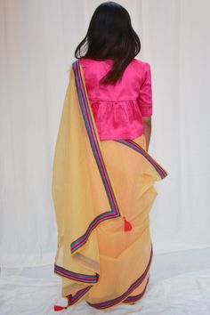 Kota Doria Saree, Lemon Chiffon, Pink Sale