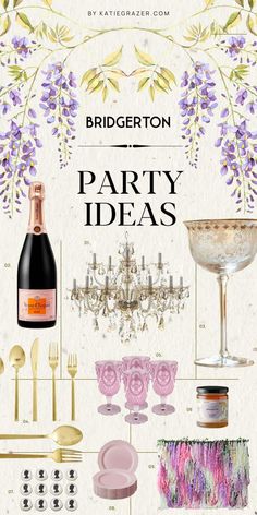 an advertisement for a party with purple flowers and gold cutlers, wine glasses, champagne flutes