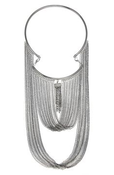 Two tones of chain suspend down from a silvertone plated necklace for a sleek and refined style. 18" chain length; 6" drop Silvertone plate/zinc/brass Imported | Jardin Torque Drape Tassel Necklace Plate Necklace, Refined Style, Chain Lengths, Chain Length, Tassel Necklace, Womens Jewelry Necklace, Nordstrom Rack, Jewelry Necklace Pendant, Tassels