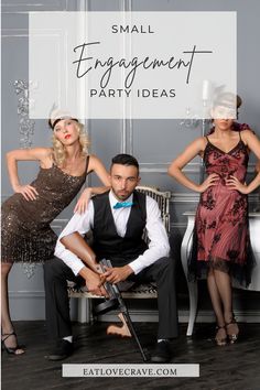 three women and one man in formal wear posing for the camera with text overlay that reads small engagement party ideas