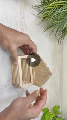 two hands are holding a small wooden box on top of a table next to plants