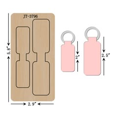 the measurements for two bottle openers are shown in pink and white, with an oval handle