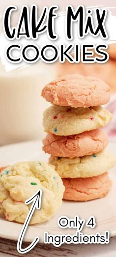 cake mix cookies are stacked on top of each other with the words, only 4 ingredients